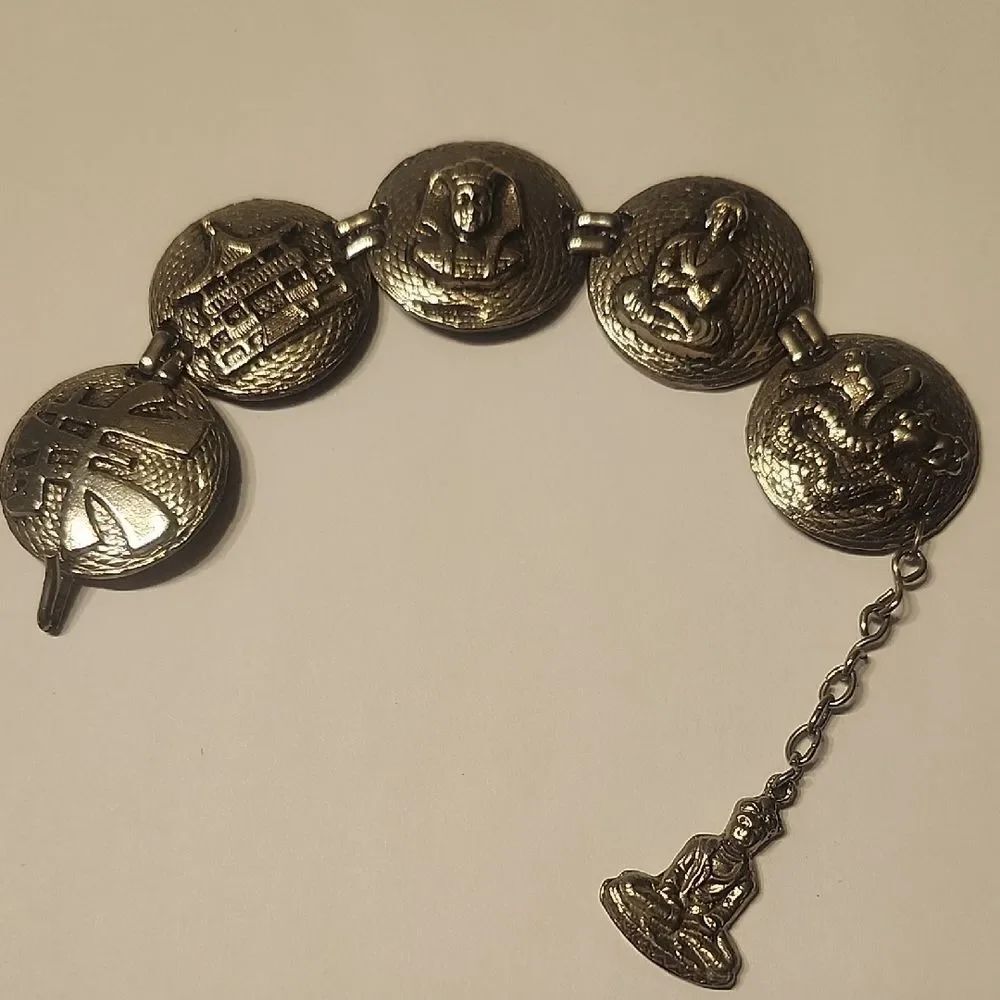 Chinese Revival Vintage Bracelet Silver Tone Souvenir Tourist Panel Link China